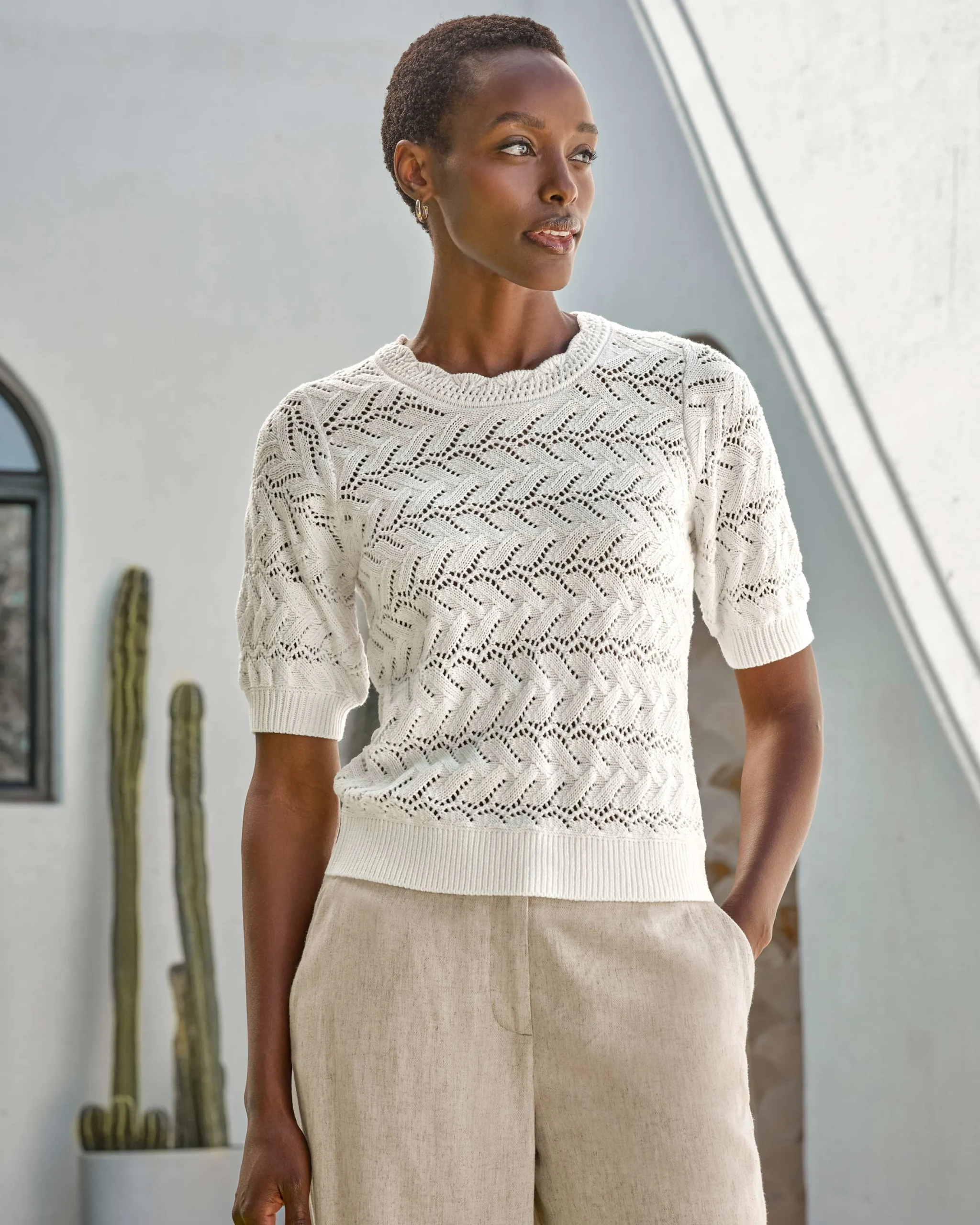 Cotton Crochet Trim Top^Pure Collection New