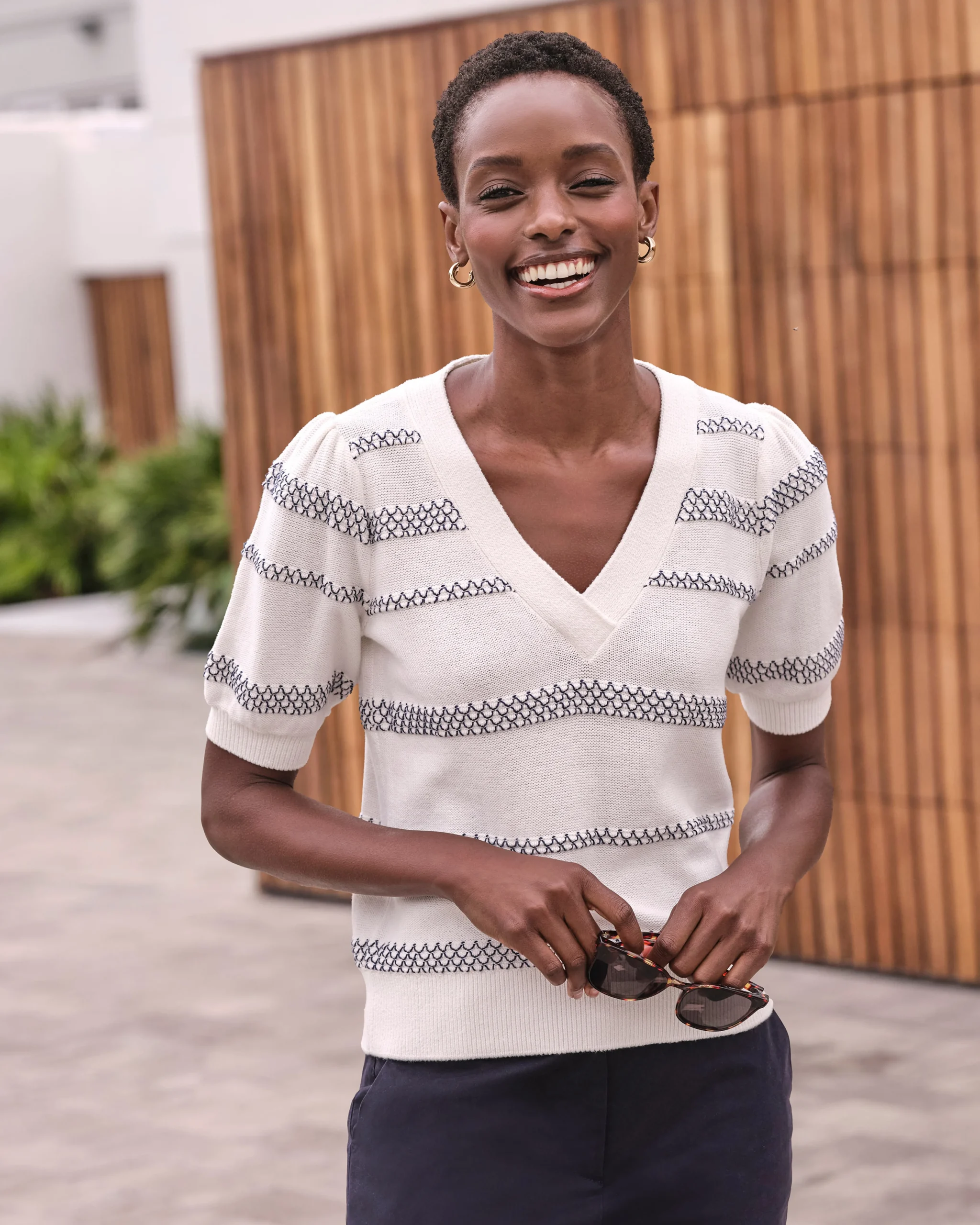 Cotton Short Sleeve Puff Stripe Sweater^Pure Collection Discount