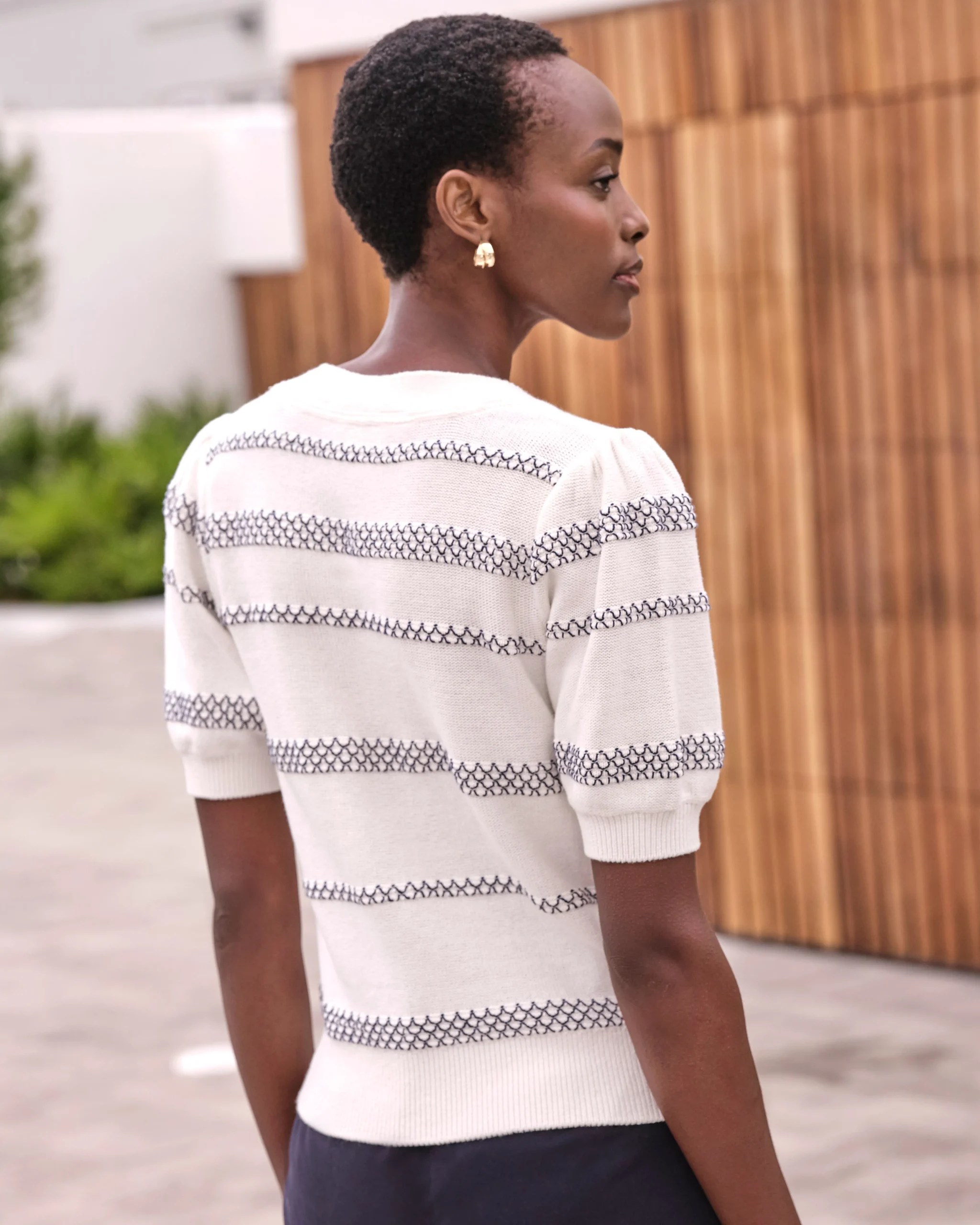 Cotton Short Sleeve Puff Stripe Sweater^Pure Collection Discount
